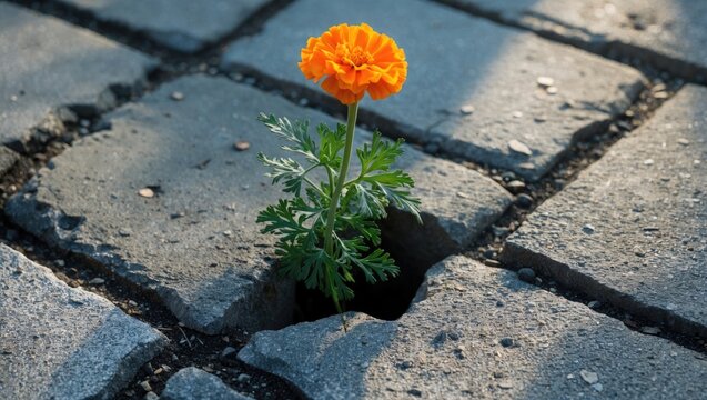 Orange marigold emerging from a cobblestone surface.