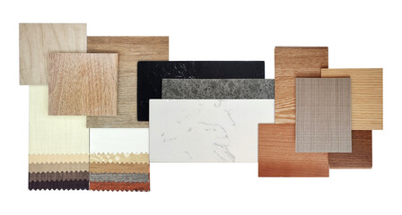 interior material samples including black, gray and white artificial stones, set of wooden...