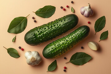 Vibrant Cucumbers, Garlic, Bay Leaves, Pepper on Beige for Culinary Food Photography, Overhead View