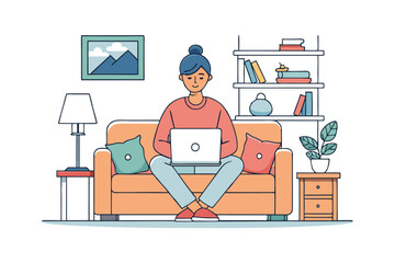 An vector art illustration of a woman working from home and sitting on a couch with a laptop.eps