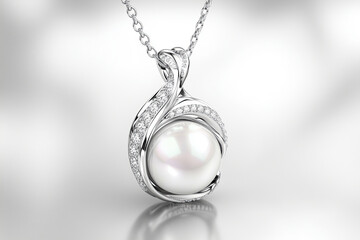 Radiant Silver Necklace with Pearl Medallion, Elegant Jewelry on Gray for Decor, White Gold, Jewelry, Isolated