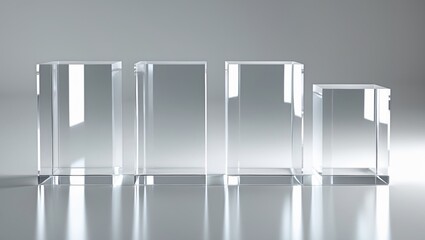 Acrylic blocks: 4 solid clear perspex blocks plinths. Rectangular oblong acrylic plinths suitable for product photography props or retail displays. Transparent acrylic pedestal clipping paths in JPEG.