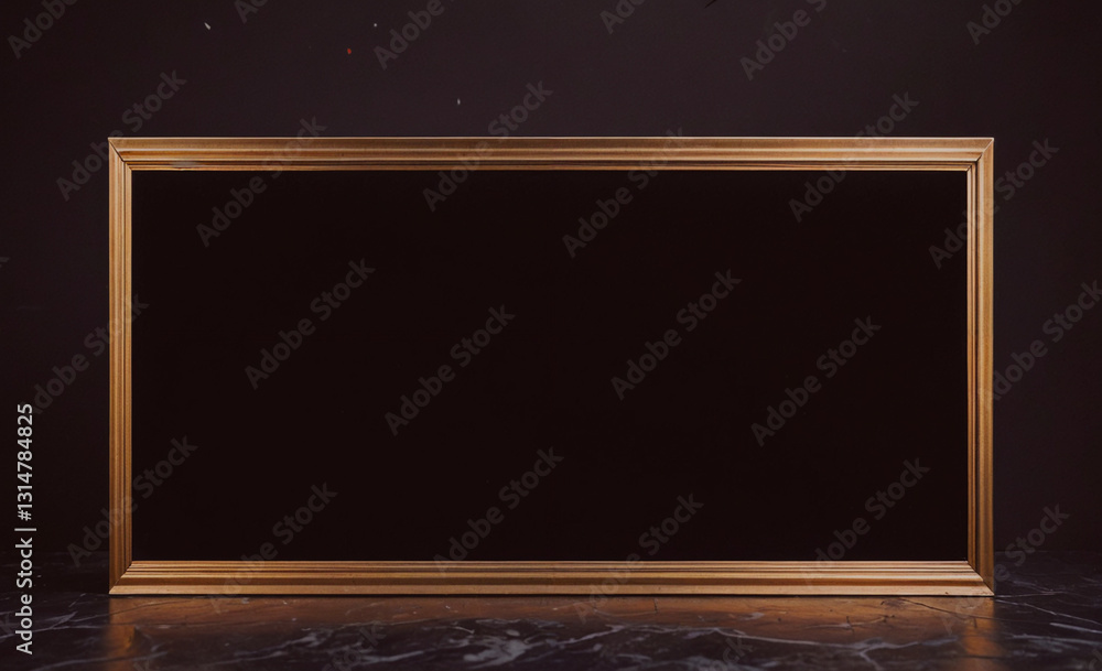 Poster large, empty frame with a black background. the frame is made of gold and is sitting on a marble flo