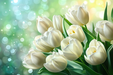 Spring White Tulips Bouquet on Green Bokeh, Symbol of New Beginnings and Fresh Spring Beauty, Selective Focus, Bokeh, Copy Space