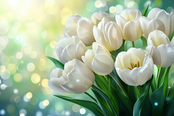 Spring White Tulips Bouquet on Green Bokeh, Symbol of New Beginnings and Fresh Spring Beauty, Selective Focus, Bokeh, Copy Space
