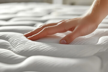 Restful Hand Touching Orthopedic Mattress, Quality Sleep for Recovery on White Background, Selective focus