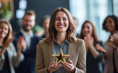 Smiling businesswoman holding golden star award with colleagues applauding