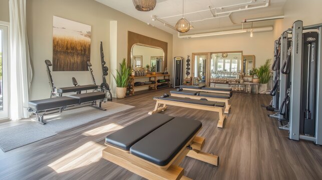 Luxury boutique fitness studio, premium equipment, personalized setups, and elegant decor