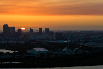Urban sunset landscape of downtown district of Tampa city in Florida, USA. Dramatic skyline with high skyscraper buildings in modern american megapolis