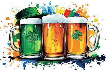 Festive St. Patrick’s Beer Mugs with Irish Flag, Hat, Shamrocks, Rainbow on White Background, Illustration, Art,
