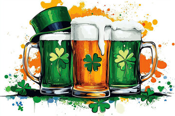 Festive St. Patrick’s Beer Mugs with Irish Flag, Hat, Shamrocks, Rainbow on White Background, Illustration, Art,