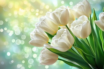 Elegant White Tulips Bouquet on Green Bokeh, Fresh Spring Flowers for Nature Decor, Selective Focus, Bokeh, Copy Space