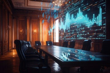 A luxurious boardroom with a holographic display showcasing dynamic financial data, reflecting modern business and technology.