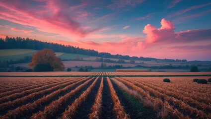 Autumn landscape at twilight featuring a pink, orange, and blue sky against a vast view of nature showcasing agricultural fields during harvest season.