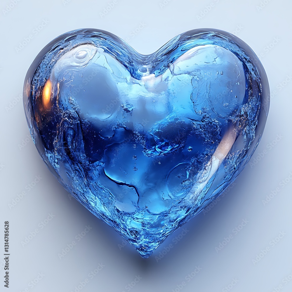 Poster a 3d rendering of a translucent blue heart with liquid like texture and light effects