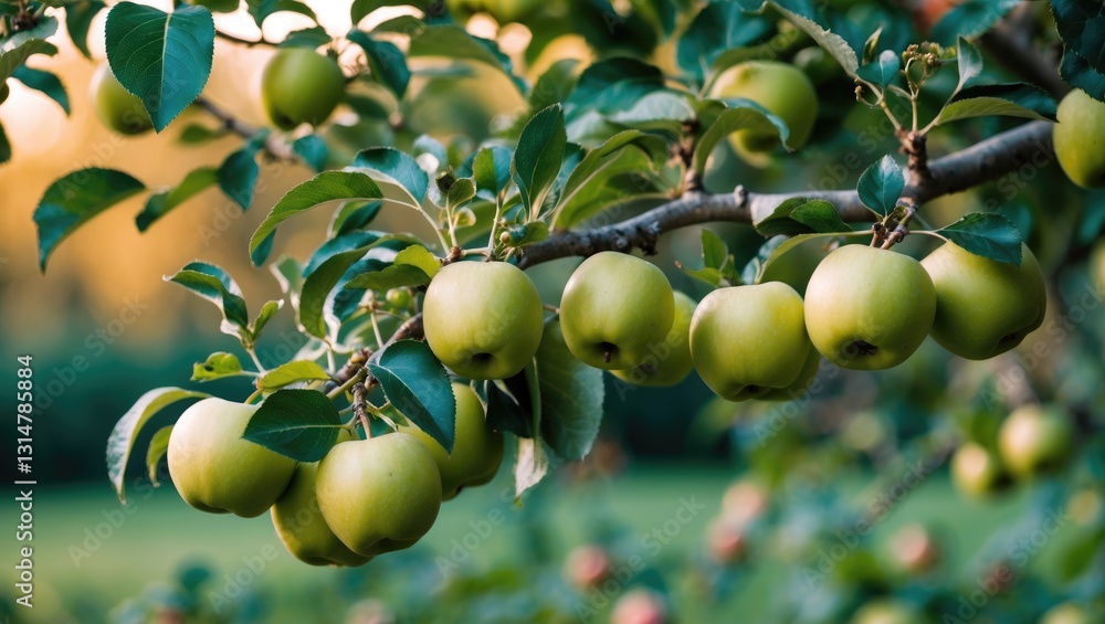 Aufkleber green apples on the branch of the tree in close-up against the backdrop of the garden. selective foc