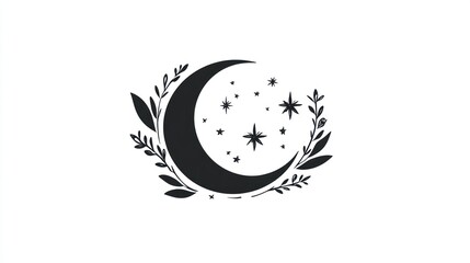 Crescent moon, stars, leaves, white background; celestial design, branding