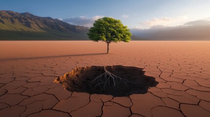 Isolated Tree Surrounded by Cracked Ground and Deep Hole at Sunrise
