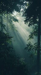 Magical Sunlight Rays in Dense Green Forest Path - Enchanted Nature Scenery with Misty Trees and Tranquil Atmosphere