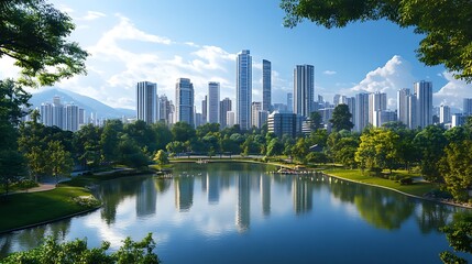 Fototapeta premium Urban Oasis: City Skyline Reflected in Serene Lake
