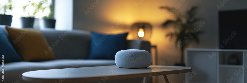 Aufkleber Stylish living room with smart technology, user engaging with voice commands for lighting and music adjustment in cozy atmosphere
