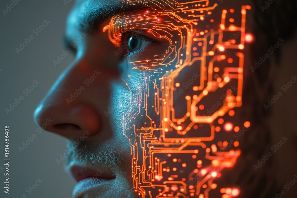 Aufkleber a man's face overlaid with glowing circuit board patterns, symbolizing technological integration wit