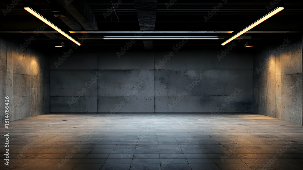 Poster dark empty concrete room illuminated by two horizontal lines of warm light