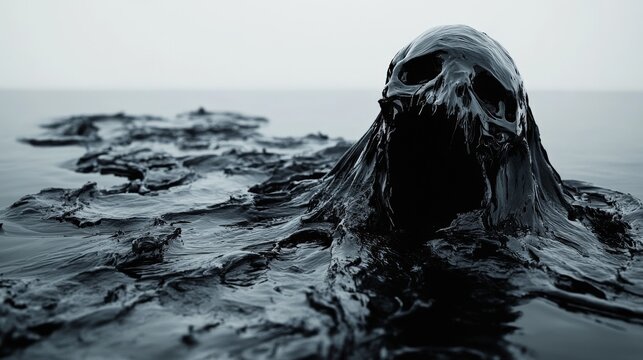 Tar skull emerging from the sea creating pollution