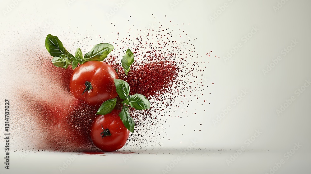 Poster Red Tomatoes Exploding into Pixels on White Background