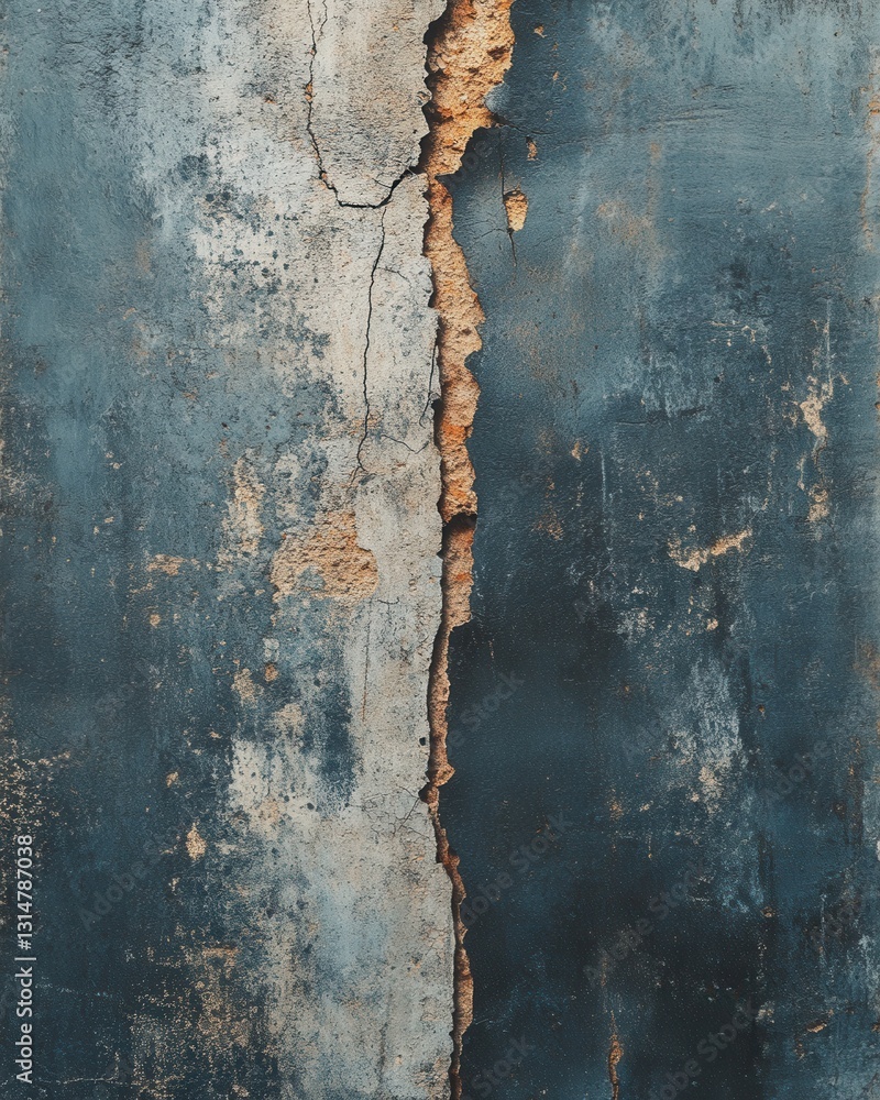 Poster weathered blue concrete wall with a deep vertical crack revealing the inner texture and material com