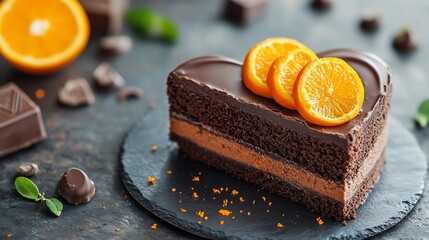 Heart-shaped chocolate orange cake, delicious dessert, close-up
