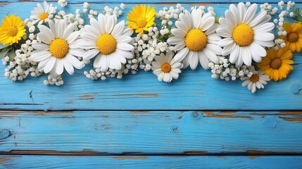 Obraz premium Delicate floral arrangement of white and yellow flowers on a blue wooden surface, perfect for spring events, weddings, or cheerful decor, evoking a serene atmosphere.