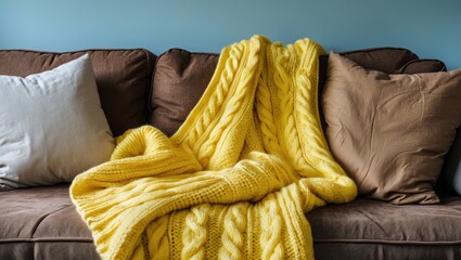 A yellow knitted plaid is draped over a sofa with pillows. Home interior.