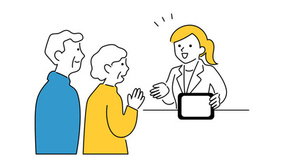 A woman showing a tablet to an elderly couple