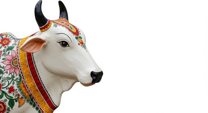 Indian holy divine white cow head also known in Hindu religion as kamadhenu, art design for god Krishna, animal,religion, Hindu,Indian holiday related concept background,copy space in white background