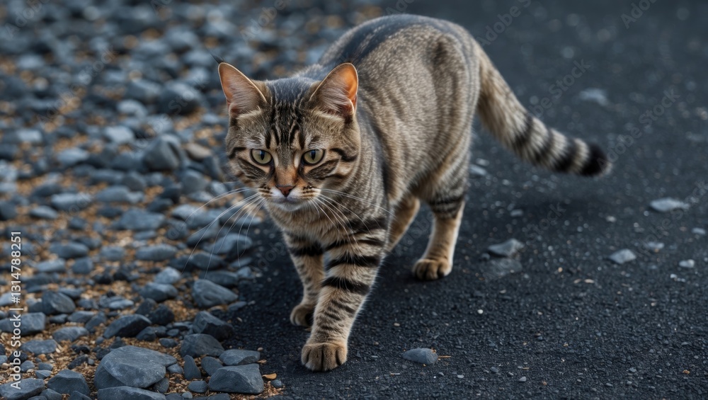 Poster a cat is strolling on a rocky surface. the cat is gazing at the camera with an expression of annoyan
