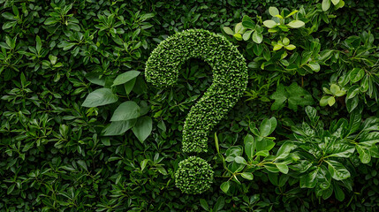 Lush Green Foliage Question Mark Symbol on a Vibrant Natural Background of Garden Wall with Abundant Deep Green Leaves