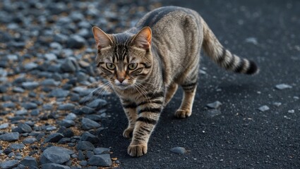 Obraz premium A cat is strolling on a rocky surface. The cat is gazing at the camera with an expression of annoyance.