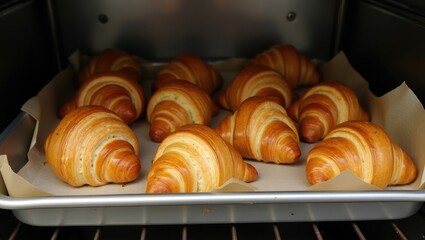 A tray of croissants, just baked and taken from the oven.