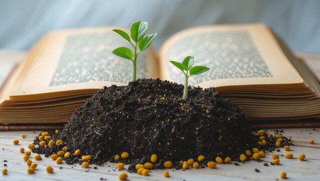 Mustard seed green plant sprouting in soil placed on top of a book with golden pages against a white background. Copy space. Close-up.
