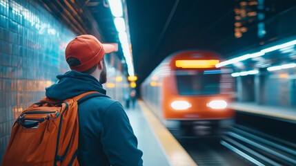Commuter Waiting at Station with Blurred Train in Motion