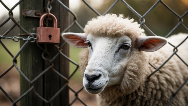 A sheep attempts to unlock the gate to escape the barnyard.