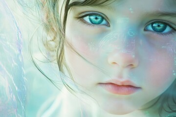 Close-up portrait of a young girl with captivating blue eyes, ethereal and dreamy.
