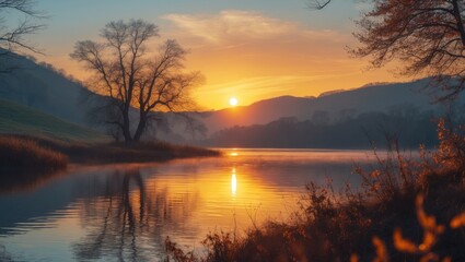 Fototapeta premium A tranquil autumn sunset over a lake. A sense of coziness, calmness, happiness, freedom, and relaxation. A retreat from the hustle and bustle.