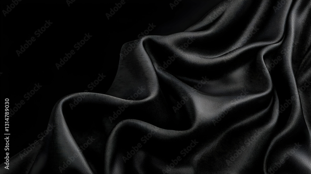 Poster dark elegance black draped fabric with subtle textured pattern in soft shadows against a black backg
