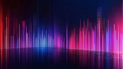 Vibrant digital soundwave visualization with colorful bars reflecting on a dark surface