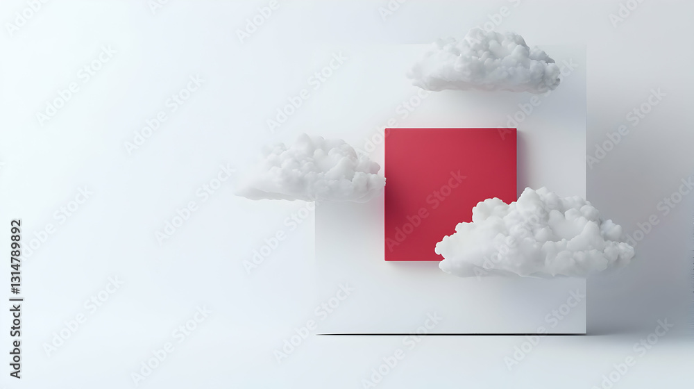 Poster 3d render of fluffy white clouds surrounding a bright red square on a clean white background in a mi