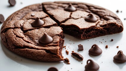A detailed view of a chocolate chip cookie with a piece missing.