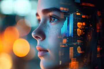 A young woman's face overlaid with a futuristic data visualization, showcasing technological integration with human perception.