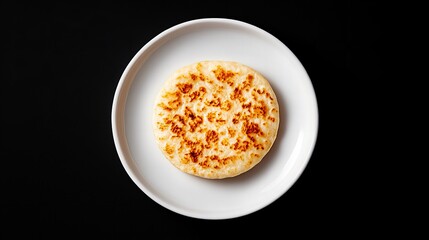 A perfectly toasted flatbread, golden brown and crispy, rests on a pristine white plate against a stark black background.